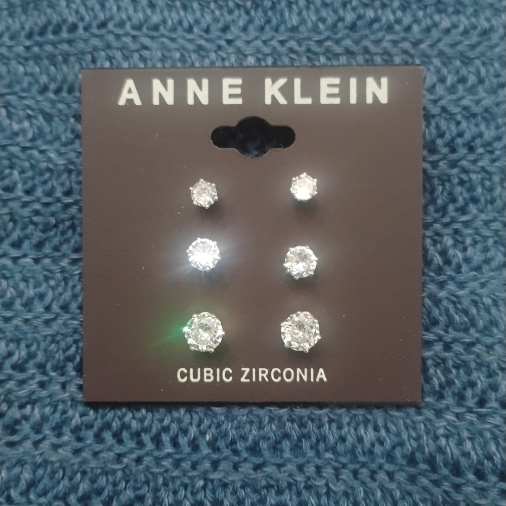 Anne Klein Silver Cubic Zirconia Stud Earrings Gift Set 3 Pairs NWT - Picture 6 of 6